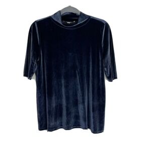 LOFT Size S Crushed Velvet Dark Blue Short Sleeve Mock Neck Tunic Top Shirt
